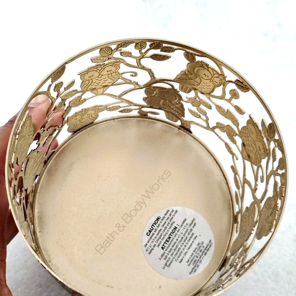 Bath & Body Works Sleeping Owl Gold Metal 3 Wick Candle Holder Leaves Fall Color - Picture 5 of 8